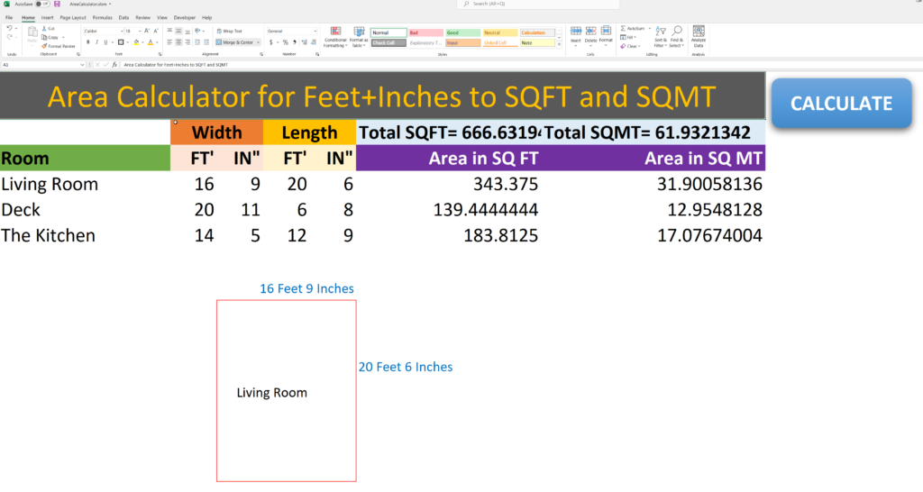 waarom exotisch Regenachtig Area Feet and Inches Calculator in Excel - InfinityExcel.com